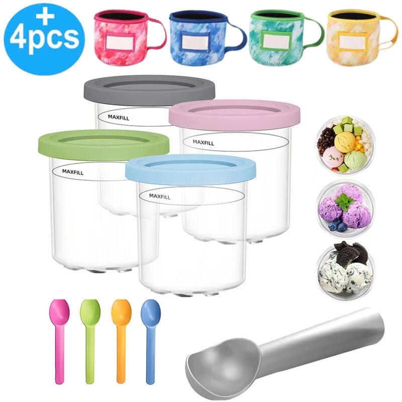 SNQ - Lot de 4 gobelets à glace de 453,6 g pour crème glacée, récipient avec couvercle et 4 cuillères, avec housse de rechange en néoprène, pour