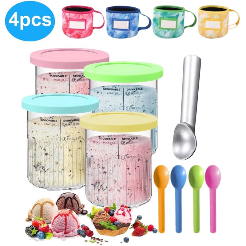 SNQ - Lot de 4 gobelets à glace, récipient avec couvercle et 4 cuillères, avec couvercle de rechange en néoprène, compatibles avec les sorbetières