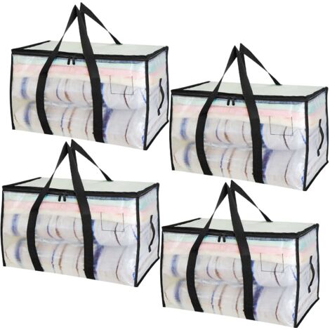 Lot de 4 Grand Sac Rangement Vetement 90L, Imperméable Sac Demenagement Pliable avec Couvercle Fermetures Éclair, Alternatives Aux Cartons de Déménagement, pour Camping Linge de Lit Vêtements