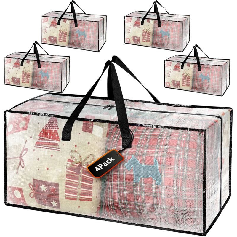 Lot de 4 Grandes Boîtes de Déménagement Transparentes et Solides avec Couvercle, Sacs de Rangement Imperméables et Robustes avec Poignée et Fermeture