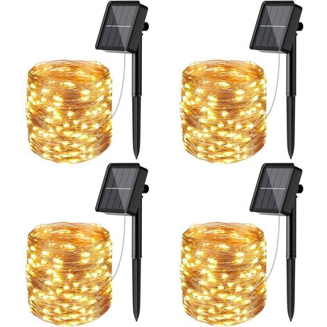 【Lot de 4】 Guirlande Solaire Exterieur, 12m 100 LED Guirlande Lumineuse Solaire Exterieure Étanche 8 Modes Décoration Lumière pour Jardin Terrasse Cour Maison Noël Mariage Fête Blanc chaud