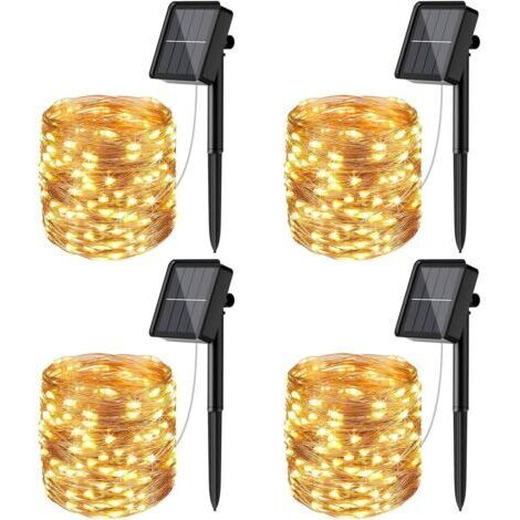 [Lot de 4] Guirlande Solaire Exterieur, 12m 100 LED Guirlande Lumineuse Solaire Exterieure Étanche 8 Modes Décoration Lumière pour Jardin Terrasse Cour Maison Noël Mariage Fête Blanc chaud H542