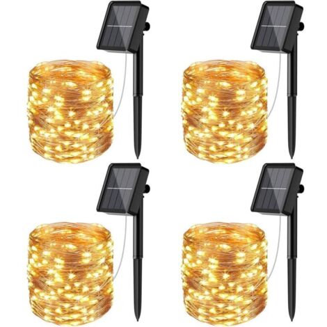 [Lot de 4] Guirlande Solaire Exterieur, 12m 100 LED Guirlande Lumineuse Solaire Exterieure Étanche 8 Modes Décoration Lumière pour Jardin Terrasse Cour Maison Noël Mariage Fête Blanc chaud H542
