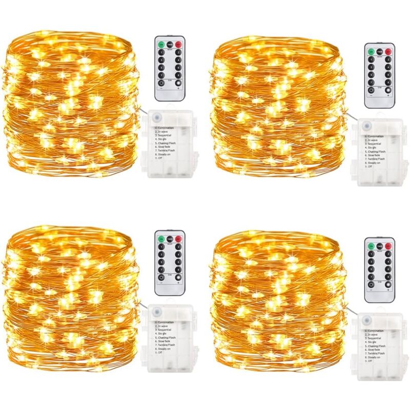 Lot de 4 guirlandes lumineuses à 50 pieds de 16,4 pieds à piles avec minuterie de télécommande fil de cuivre étanche guirlandes lumineuses pour