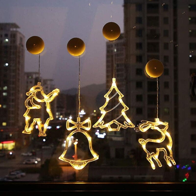 Lot de 4 guirlandes lumineuses de Noël à led avec ventouses, pour sapin de Noël, cloches, élans, décoration de Noël