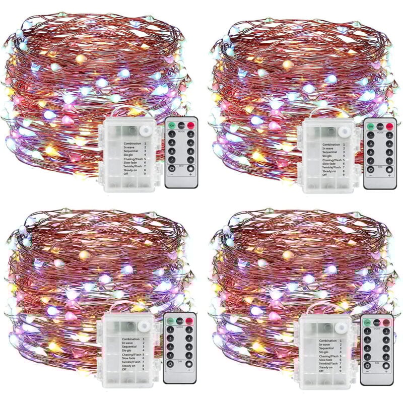 Lot de 4 guirlandes lumineuses led blanc chaud de 5 m, à piles, avec télécommande et minuteur, étanches, fil de cuivre argenté, pour chambre à