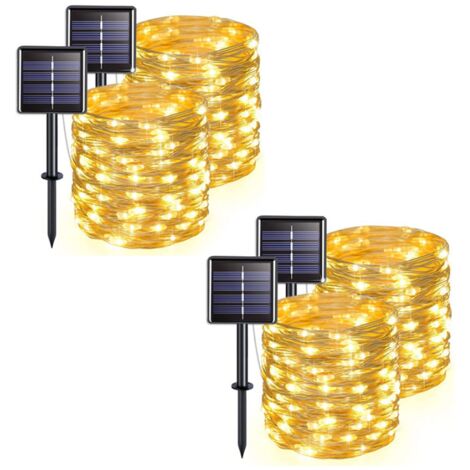 Lot de 4 guirlandes lumineuses solaires d'extérieur, fil de cuivre, étanches, 32 mètres par guirlande, 300 LED (lumière chaude)