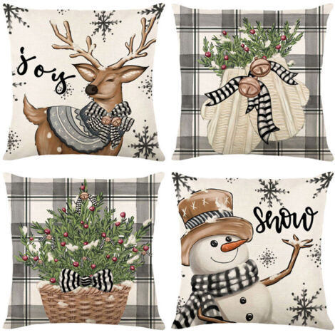 Lot de 4 Hiver Housse de Coussin Noel 45x45 cm, Bonhomme de Neige Gants Wapiti Eucalyptus Taie d'oreiller Parure de Oreiller de Décoration de Lit Noel Deco pour Chambres Canapé Noël Decoration