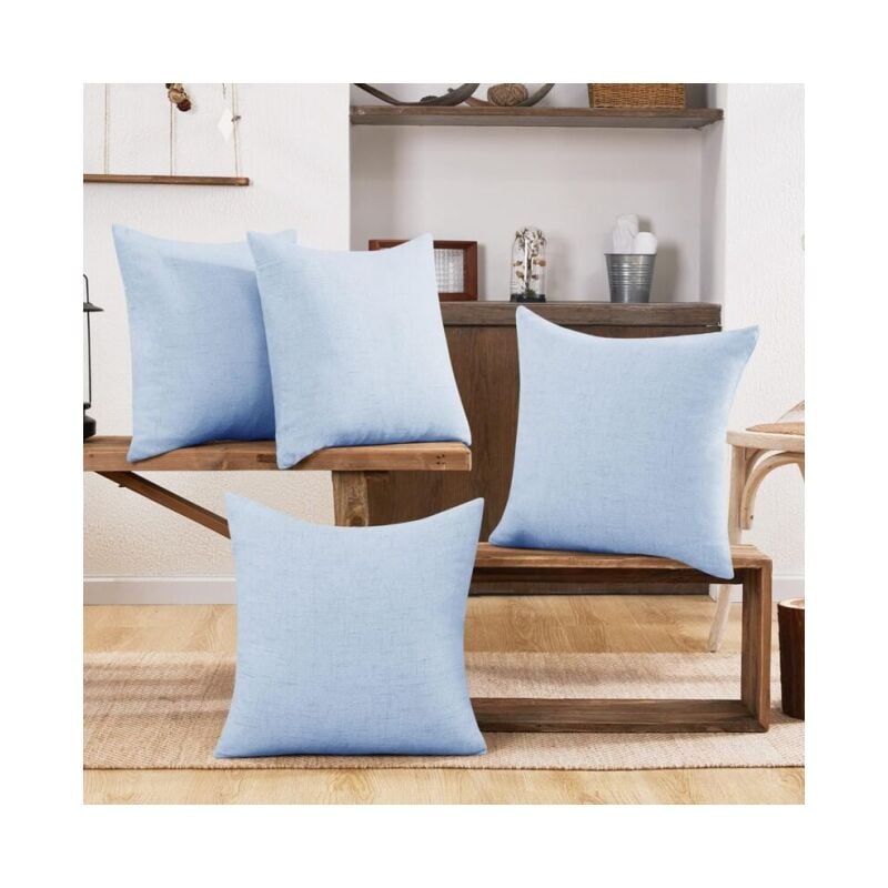Lot de 4 Housse de Coussin Effet Lin, 40x40 cm, Bleu Clair