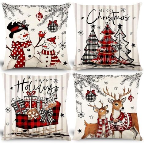 Lot de 4 Housse de Coussins Noël - Rouge et Blanc - Dessins de Bonhomme de Neige, Sapin, Renne et Boule de Noël - Décorations Festives pour Canapé, Salon, Chambre (45 x 45 cm)