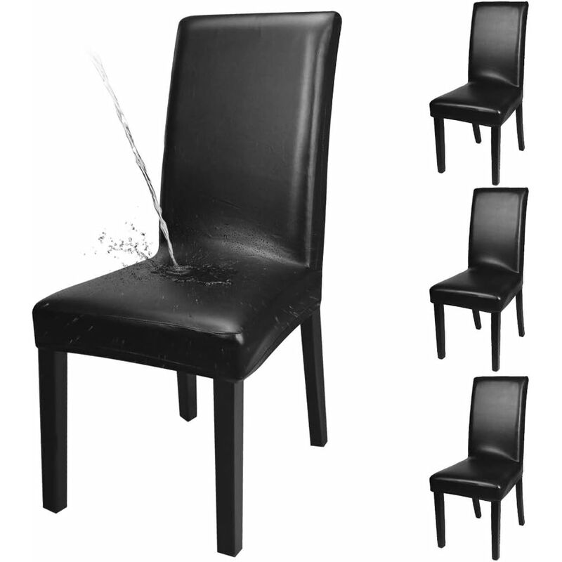 Serbia - Lot de 4 housses de chaise en cuir synthétique solide étanche pour salle à manger, Noir , 4-Stück