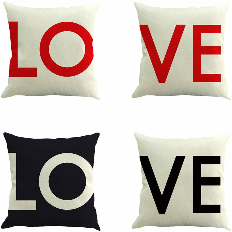 Lot de 4 housses de coussin 45 x 45 cm Love en coton et lin taie d'oreiller décorative pour lit voiture maison salon chambre pour canapé chambre