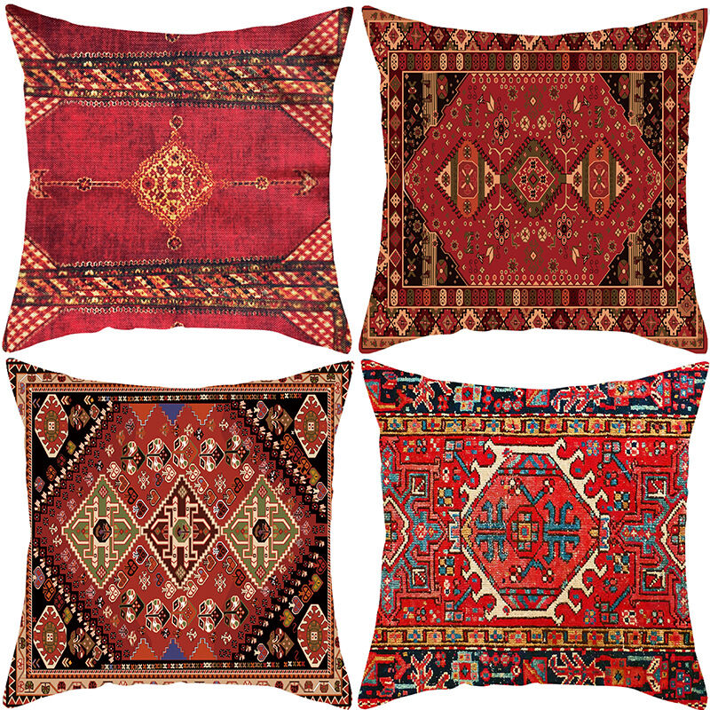 Lot de 4 housses de coussin 45 x 45 cm - Motif abstrait ethnique turc rouge vintage - Housse de coussin décorative en coton et lin - Housse de
