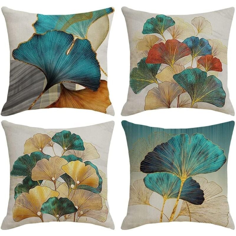 Jusch - Lot de 4 housses de coussin 45 x 45 cm - Motif feuille de ginkgo - Doré