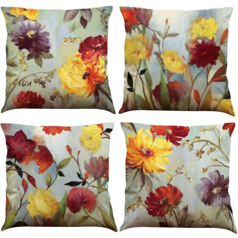 Lot de 4 housses de coussin 45 x 45 cm - Motif floral - En coton et lin - Décoration d'extérieur