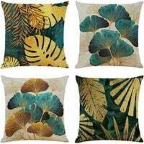 Lot de 4 Housses de Coussin 4545 cm Carrées en Feuilles Vertes et Dorées Housse Coussins de Canapé en Lin pour Taies d'oreiller de Canapé Salon