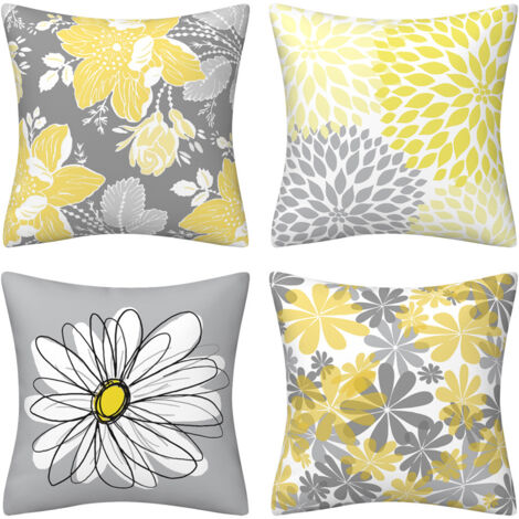 Lot de 4 housses de coussin 45cm x 45cm, motif marguerite grise et jaune