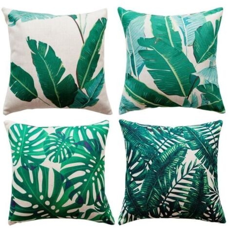 Lot de 4 housses de coussin 45x45 cm, motif feuilles vertes en coton et lin. Idéal pour décorer votre canapé ou votre lit.