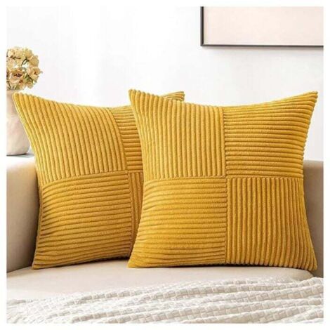 Lot de 4 Housses de Coussin 45x45 cm Velours Côtelé Style Bohème Salon Chambre Jaune Vif