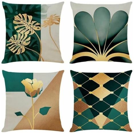 Lot de 4 housses de coussin 45X45 en lin Housse de coussin décorative Or Vert Ginkgo Coussin décoratif Style campagnard Coussin