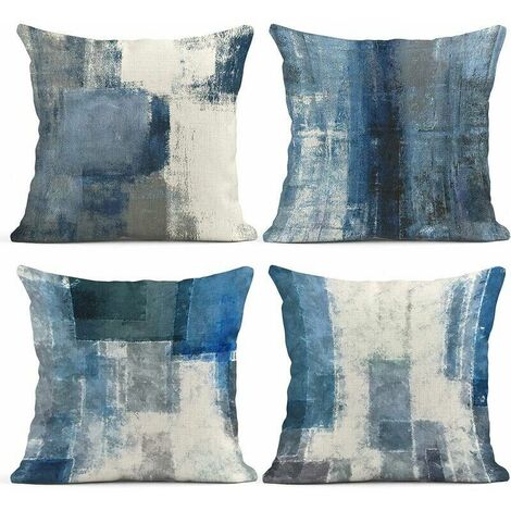 Lot de 4 housses de coussin bleu et gris blanc Art contemporain décoratif gris coussin canapé chambre voiture décor taies d'oreiller maison décorative carré 18 x 18 pouces taies d'oreiller