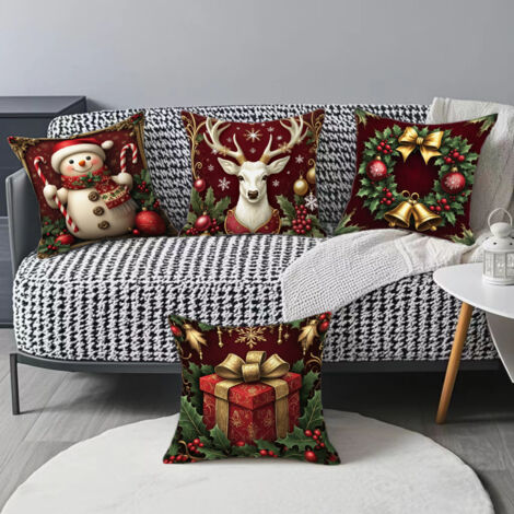 Lot de 4 housses de coussin de Noël rouges, taies d'oreiller de Noël 45 x 45 cm, décoration de Noël pour canapé et chambre
