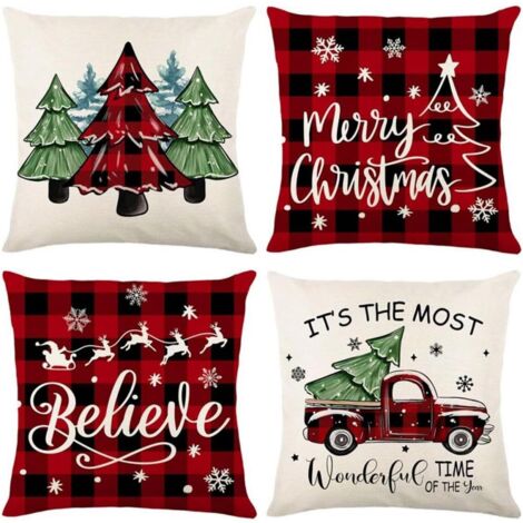 Lot de 4 housses de coussin de Noël, taies d'oreiller de Noël à carreaux rouges et noirs 45 x 45 cm, décoration de Noël pour canapé et chambre