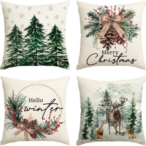Lot de 4 Housses de Coussin de Noël,Housse Coussin Exterieur,Lin Décoratif Taie d'oreiller,Coussin Decoratif Canape,Arbre de Noël,pour canapé,Maison,lit,Bureau,café