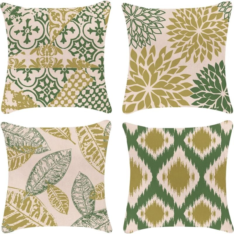 Lot de 4 housses de coussin décoratives 40x40 cm housse de coussin lin vert motif géométrique housse de coussin, housse de coussin décorative pour la