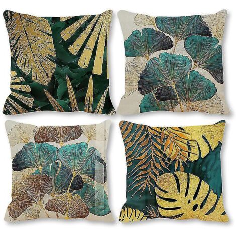 Lot de 4 housses de coussin décoratives 45 cm x 45 cm, motif feuilles vertes et dorées, en lin, carrées, pour mobilier de jardin et terrasse.