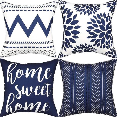 Lot de 4 housses de coussin décoratives 45 x 45 cm, motif géométrique carré pour extérieur, style moderne, pour canapé, chambre ou voiture, bleu.