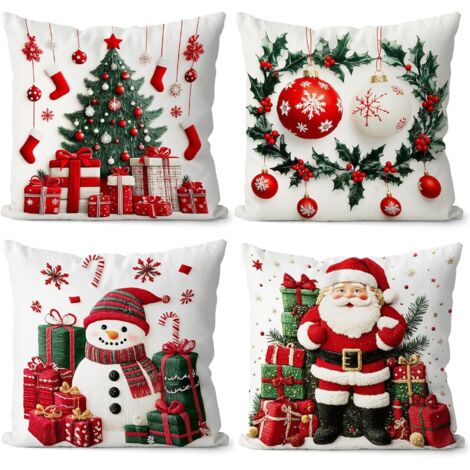 Lot de 4 housses de coussin décoratives de Noël, housses de coussin d'hiver 3D Père Noël, cerf, bonhomme de neige pour canapé-lit.