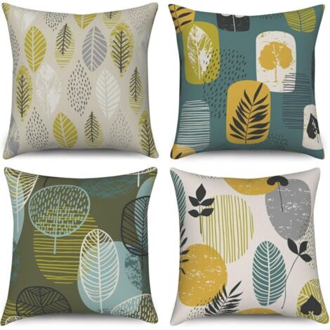 Lot de 4 housses de coussin décoratives en lin pour canapé, voiture - Motif arbre et feuilles abstraites - 45,7 x 45,7 cm (coussin non inclus)