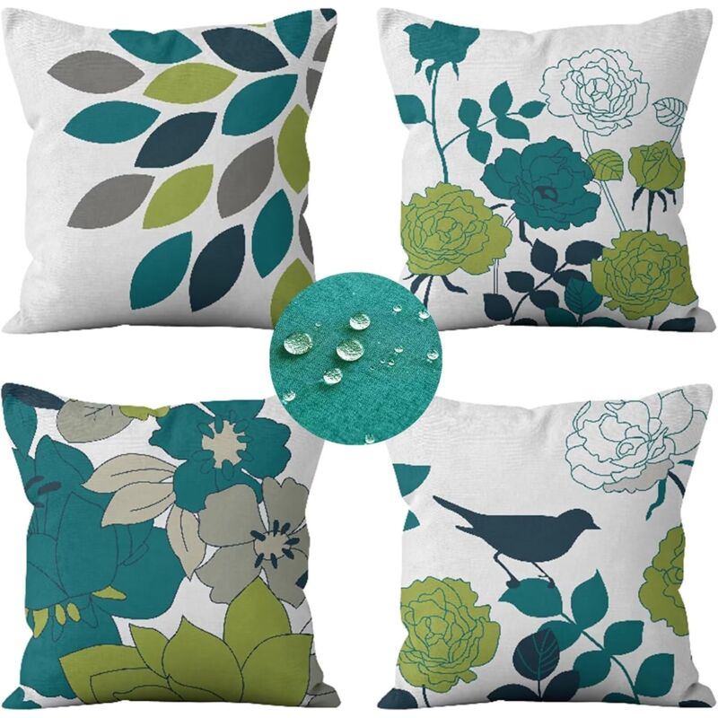 Linghhang - Lot de 4 housses de coussin d'extérieur (45 x 45 cm) imperméables à motif de fleurs et d'oiseaux bleus et verts pour canapé, terrasse,