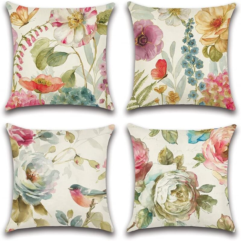 Lot de 4 housses de coussin d'extérieur colorées à motifs de fleurs, d'oiseaux et de papillons, pour patio, jardin, salon, chambre à coucher, 45 x 45