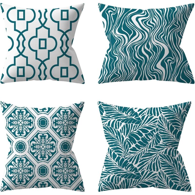 Lot de 4 Housses de Coussin d'extérieur, Plante Verte,Coussins Décoratifs pour Jardin (45 x 45 cm, Turquoise)