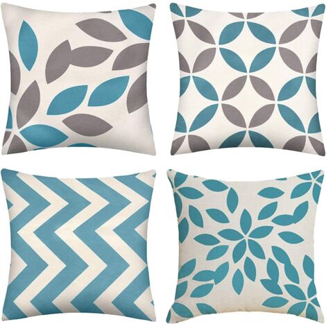 Lot de 4 housses de coussin en lin en coton décoratif géométrique, moderne, coussin décoratif pour salon 45 x 45 cm Bleu