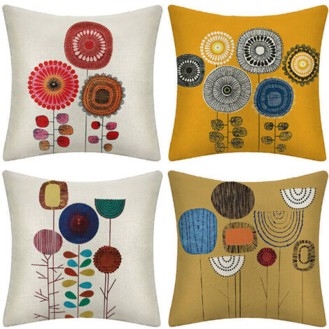 Lot de 4 housses de coussin en lin, motif peinture florale, 45x45 cm, pour canapé, chambre, salon, extérieur.
