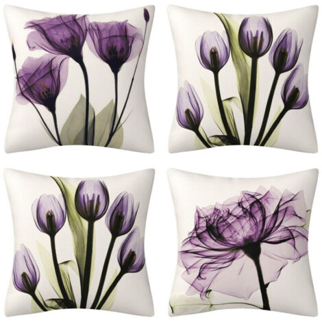 Lot de 4 housses de coussin en lin, style bohème, motif fleur violette, 45x45 cm, pour salon, canapé, lit.