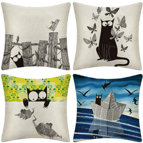 Lot de 4 housses de coussin extérieures, motif chat noir, 45x45 cm, en lin, pour canapé, salon, chambre, lit.