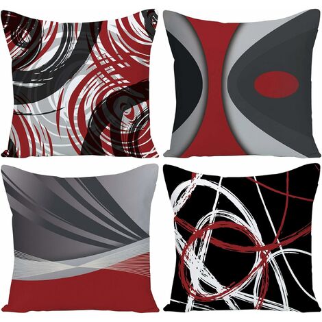 Lot de 4 housses de coussin moderne abstrait rayures rouges gris noir blanc acrylique gras gris taies d'oreiller décoratives décor à la maison carré 18 x 18 pouces taies d'oreiller