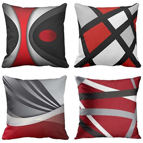Lot de 4 Housses de Coussin Moderne Abstrait - Rayures Rouges Gris Noir Blanc - Décoratives - Carré 50,8 x 50,8 cm - Lot de 1