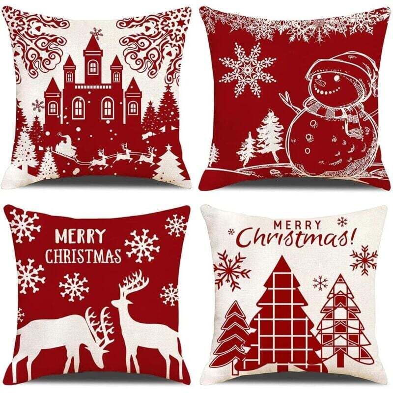Lot de 4 Housses de Coussin Noël Bonhomme de Beige Rouge Château Modèle Décoratif Canapé Taie d'oreiller Décoration pour Chambre, canapé, Chaise,