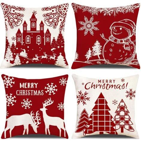 Lot de 4 Housses de Coussin Noël Bonhomme de Beige Rouge Château Modèle Décoratif Canapé Taie d'oreiller Décoration pour Chambre, canapé, Chaise, Voiture, Lit,Jardin 45 x 45 cm