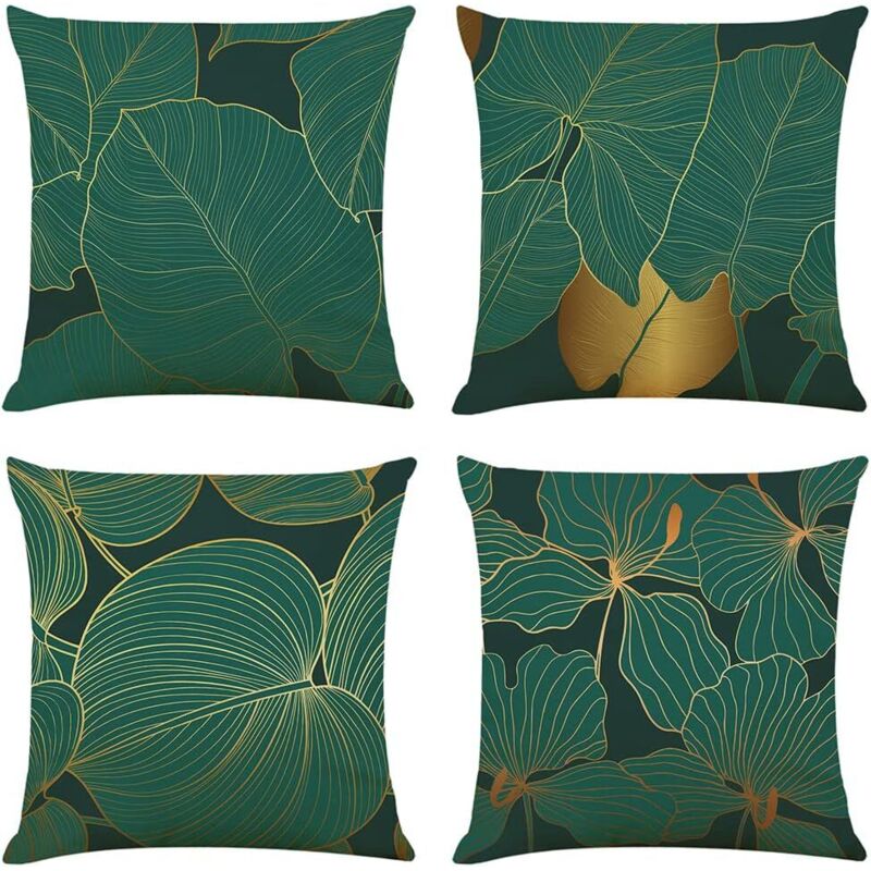 Lot de 4 housses de coussin vert jungle, 45x45 cm, en lin, pour salon, chambre, canapé, décoration moderne.