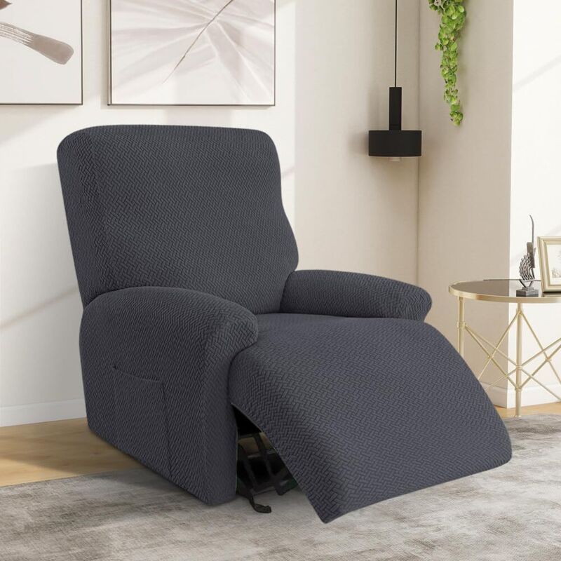Lot de 4 housses extensibles avec poches, couleur unie pour fauteuil, housse de fauteuil TV et protège-accoudoirs (gris foncé)