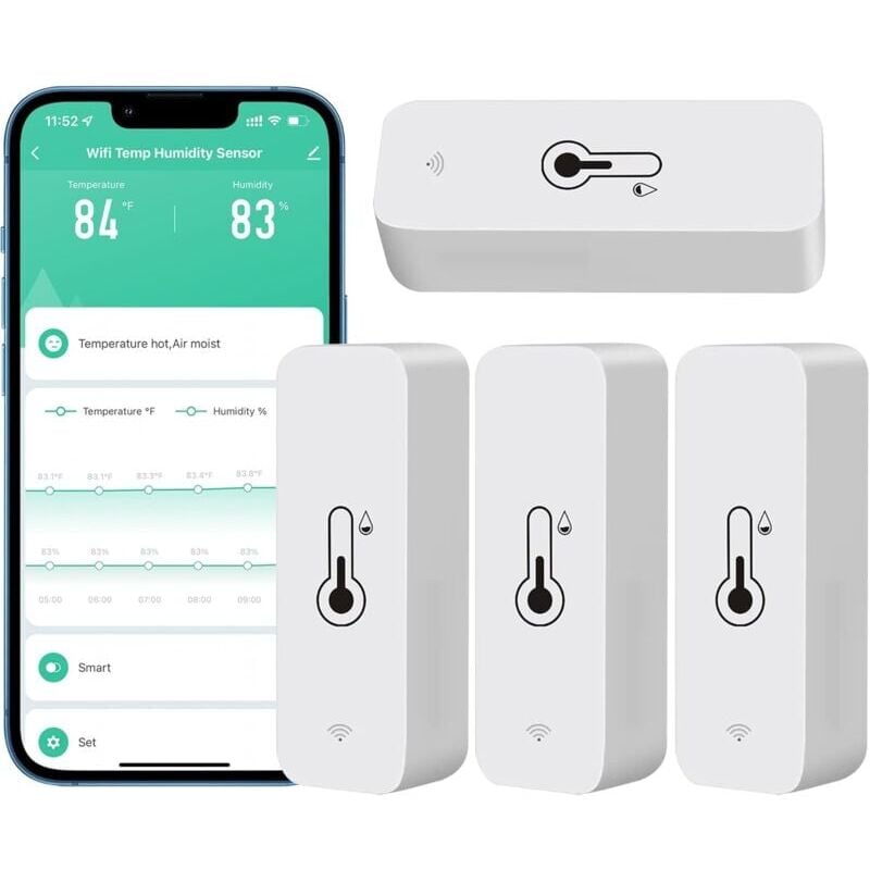 Lot de 4 hygromètres WiFi pour la maison, intérieur et extérieur - Capteur de température et d'humidité sans fil avec alerte d'application à