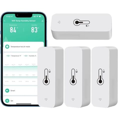 Lot de 4 hygromètres WiFi pour la maison, intérieur et extérieur - Capteur de température et d'humidité sans fil avec alerte d'application à distance, fonctionne avec l'application Tuya,de DEBUNS