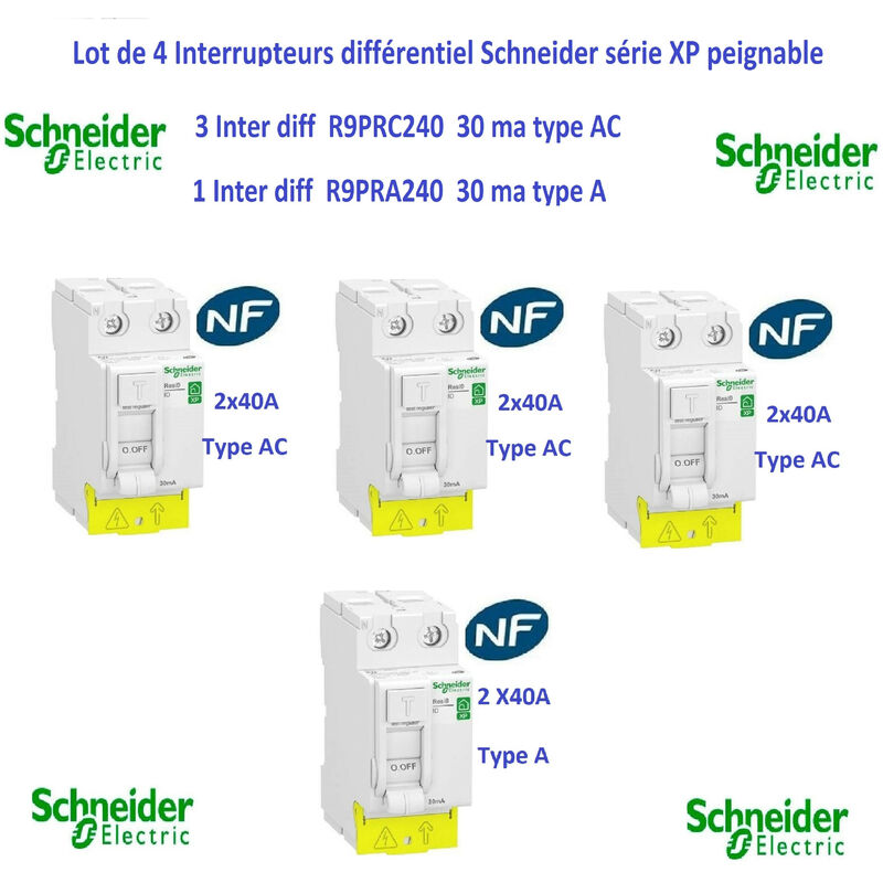 Lot de 4 Interrupteurs différentiel xp 3 ( 2P 40A 30ma type ac ) - 1 ( 2P 40A 30ma type a ) Schneider