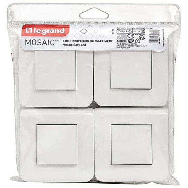 Legrand - Lot de 4 interrupteurs ou va-et-vient Mosaic 10A complet avec plaque - Blanc